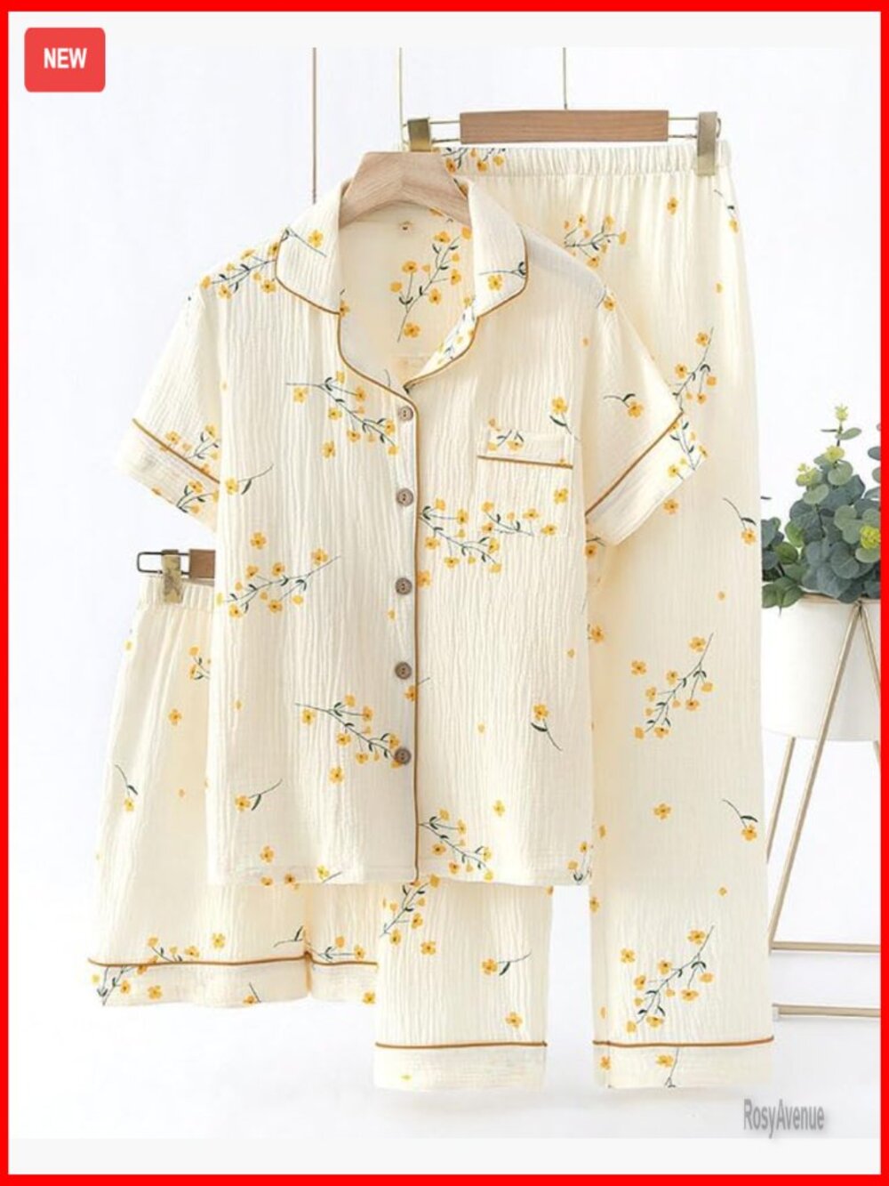 3pc Cotton Pajama Set Short Sleeve Top & Long Pants Sleepwear - Picture 2 of 2